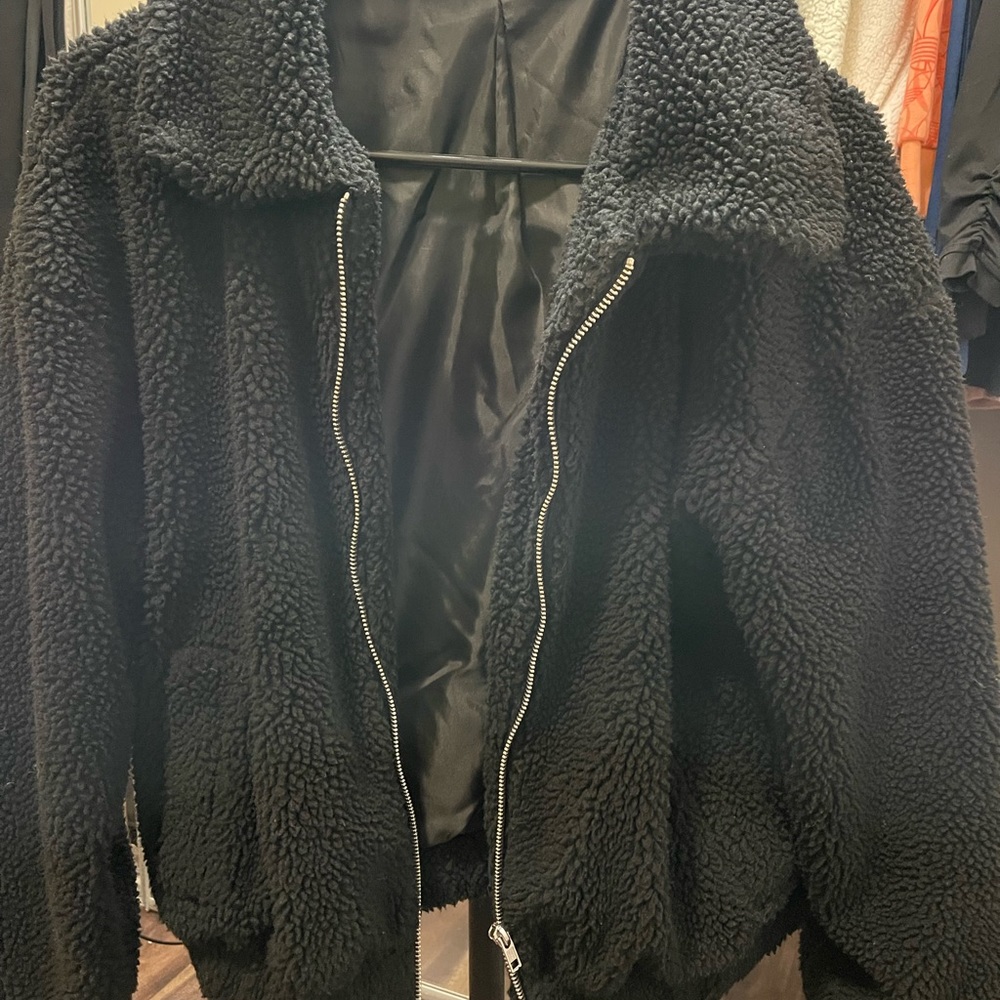 NOBO Women's Fluffy Sherpa Coat Zip Front Long Sleeve Medium Drawstring Waist